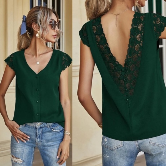 Tops - Green v neck button down lace low back detail top
